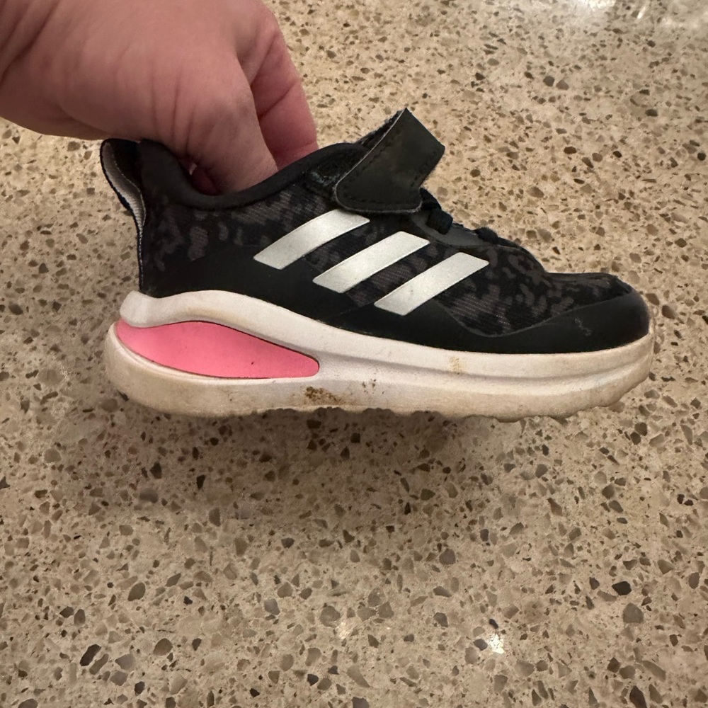 Adidas Kids Black Sneakers with White Stripes and Pink Accent